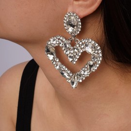 Missgrace Women Bohemian Dainty Silver Dangle Long Love Statement Earrings Trendy Unique Full Rhinestones Shiny Bar Disco Earrings for Women