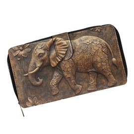 COEQINE Black Wallet For Women Long Leather Small Black Wallets for Woman Trifold Elephant Around Zipper Card Holder Phone Purse Clutch Bag for Travel Work, Design Relief Style