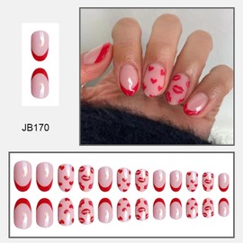 Valentine's Day Press on Nails Oval French Tips Glossy Full Cover Short Oval Red False Nails with Heart Lips Designs Reusable Acrylic Heart Fake Nails with Glue Stick on Fingernails for Women Girls