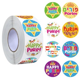 Fuutreo Fuutreo 1000 Pieces Happy Purim Sticker Roll 8 Styles Religious Jewish Gifts Mishloach Manot Sticker Bulk Chag Purim Sameach Self-Adhesive Label Decorations for Carnival Party Favors Gift Bag Decor