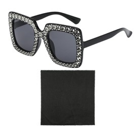 EHDWXVZM 1 Square Sunglasses, 1 Glasses Cloth, Diamond Studded Sunglasses, Black Women's Sunglasses, Outdoor Sunglasses, black