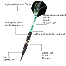 Soft tip Darts Set 18 Gram - Professional Darts Plastic Tip with Brass Barrel + Green Aluminum Shafts + 50 Rubber o-Ring + 6 Pattern Flights +30 Soft Tips for Electronic Dartboard