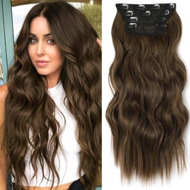 ALXNAN Clip in Hair Extension,Long Wavy Hair Extensions 20 Inch Chestnut Brown 4PCS Thick Hairpieces for Women