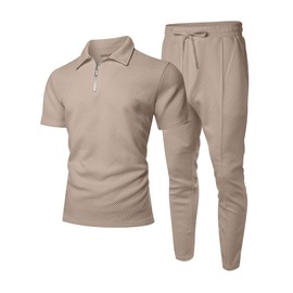 UOUA Mens Sweat Suits Set Tracksuit 2 Piece Outfits Short Sleeve Casual Sweatshirt & Loose Jogging Pants Polo Track Suit Loungewear Athletic Sweatsuit Khaki 2XL