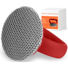 Cast Iron Cleaner Scrubber with Heavy Duty Handle, 3mm Welded Chain Mail Scrubber for Pan Pot Grill- Small Ring Chainmail Grill Scrubber Metal Scrub Sponge Skillet, Oven, Griddle, Wok Cleaning Brush