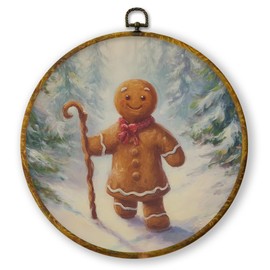 QZQE Christmas Gingerbread Round Wall Art Decor Framed, Vintage Winter Forest Gingerbread Circle Canvas Prints, Rustic Cozy Xmas Circular Wall Hanging Decor for Home Bedroom Living Room, 10x10 Inch