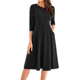 GRACE KARIN Flowy Dresses for Women 2024 Loose Swing 3/4 Sleeve Casual A Line Midi Pleated Tshirt Dress with Pockets XXL Black