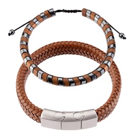 Omky Set Pulseras para Hombre | Pulsera cuero trenzado café cierre magnético acero inoxidable | Pulsera hilo ajustable hematita plateado/café 6 mm (23cm)