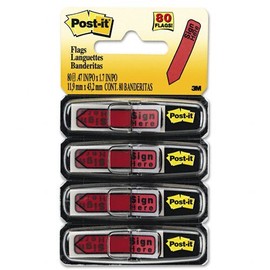 Post-it : Printed Message Arrow Flags in Dispenser, "Sign Here", Red, 80 per Pack -:- Sold as 2 Packs of - 80 - / - Total of 160 Each