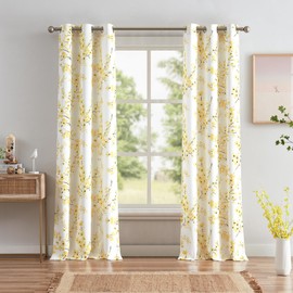 Melodieux Floral Curtains 96 Inches Long for Living Room, Farmhouse Yellow Apricot Flower Print White Decorative Grommet Drapes, 42x96 Inch, 2 Panels