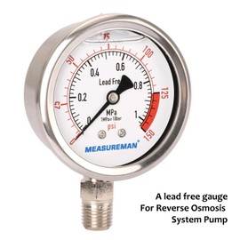 MEASUREMAN Lead-Free Glycerin Filled Reverse Osmosis Pressure Gauge, 2-1/2" Dial Size, 1/4" NPT Lower Mount, 0-150psi/Mpa
