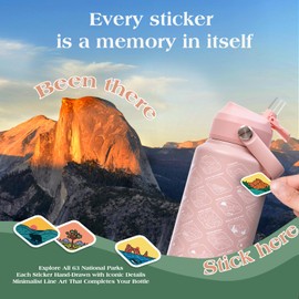 PJR Jsongos National Parks Water Bottle with 63 Waterproof Stickers – 32 oz Insulated Stainless Steel Bottle, 2-IN-1（Straw Spout）& Dustproof Lids, BPA-Free, Camping Hiking Travel Gifts (Pink)