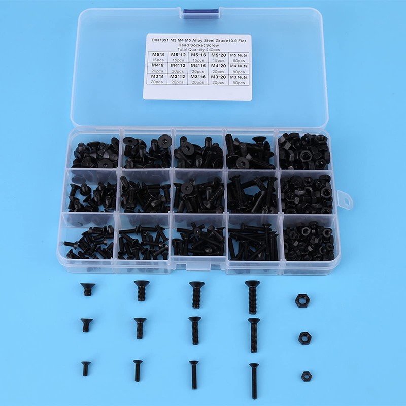 440 Pieces Screws Set M3 M4 M5 Steel Flat Head