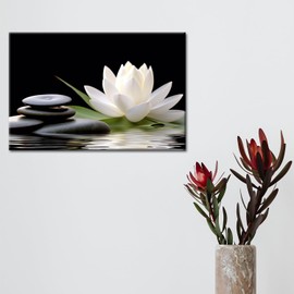 GLOKAKA Zen Wall Art,White Lotus Bloom in Water with Spa Stone,Black and White Bathroom Canvas Wall Art,Zen Spiritual Decor for Yoga Meditation Room Living Room,Office