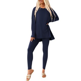 PRETTYGARDEN Women's 2 Piece Outfits 2025 Fall Casual Long Sleeve Tunic Tops Legging Pants Matching Lounge Sets Sweatsuits (Navy,Medium)