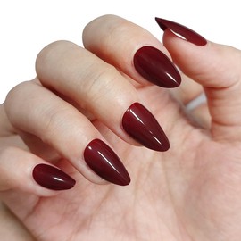 Press on Nails Short Almond, Red Glossy Fake Nail in 15 Sizes, Kit of 30 False Nails, 24 Adhesive Tabs and Tools
