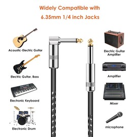 Mepsies Guitar Cable 10ft, TS 1/4 Inch Instrument Cable for Electric Guitar Bass, Braided Guitar Cord Amp Cord, Right Angle to Straight, Black White