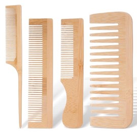 Juego de 4 peines de madera para el cabello, peine de dientes anchos de madera, hecho a mano, de bambú, antiestático, para cabello rizado, grueso, ond