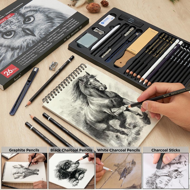 Brusarth Charcoal Pencils for Drawing, Set of 26, Professional Drawing