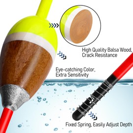 Dr.Fish 5 Pack Weighted Balsa Spring Floats Wood Slip Bobber Spring Fishing Bobbers for Crappie Catfish Trout Walleye Bluegill Panfish Oval 2.1''