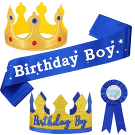 Bruislard Birthday Crown Party Set Prince Crown Hat Boy Costume Headwear Headband Tiara, Sash Ribbon, Button Pin Medal Accessory Decorations Photo Props Dress-Up Set for Boys' Theme Party Decoration