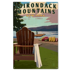 Lantern Press 10x15 Inch Wood Sign, Ready to Hang Wall Decor, Adirondack Mountains, New York, Adirondack Chair and Lake