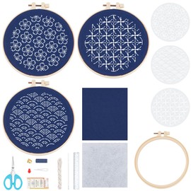 FREEBLOSS 3 Set Sashiko Wall Hanging Kit Embroidery Set with PET Stencils Full Sashiko Kit Includes Thread, Needles, Fabric Hand Sewing Craft for Adults