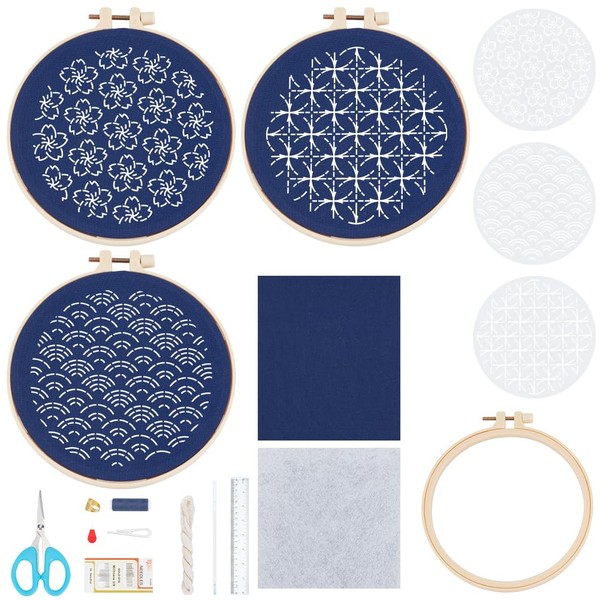 FREEBLOSS 3 Set Sashiko Wall Hanging Kit Embroidery Set with