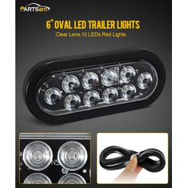 Partsam 2Pcs 6 Inch Oval Red Led Trailer Tail Lights 10 Diodes Clear Lens Stop Brake Turn Lights Grommet and Pigtails Waterproof 12V Sealed for RV Trucks, 6 Oval led Tail Lights Clear