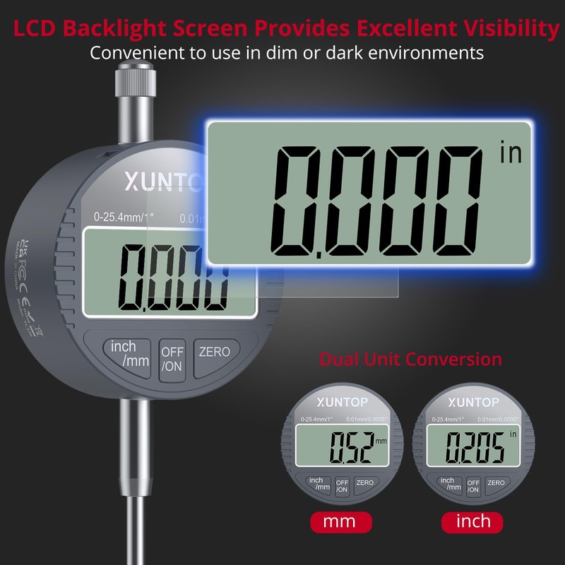 XUNTOP Digital Dial Indicator 1inch/0.0005inch with 132lbs/60kg Magnetic Base,Inch/Metric Conversion