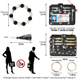 COOLANS Wristlet Bracelet Keychain Pocket Credit Card Holder Purse Tassel Keychain Bangle Key Ring for Women (Silicone & Shiny Bead+Card Purse (Black))