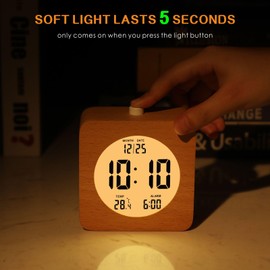 Plumeet Wooden Digital Alarm Clock for Bedrooms, Wood 4'' Battery Powered Alarm Clock with Snooze and Nightlight, Electronic LCD Desk Clock Display Time, Date, Temp, 12/24H, Wood Décor, Square