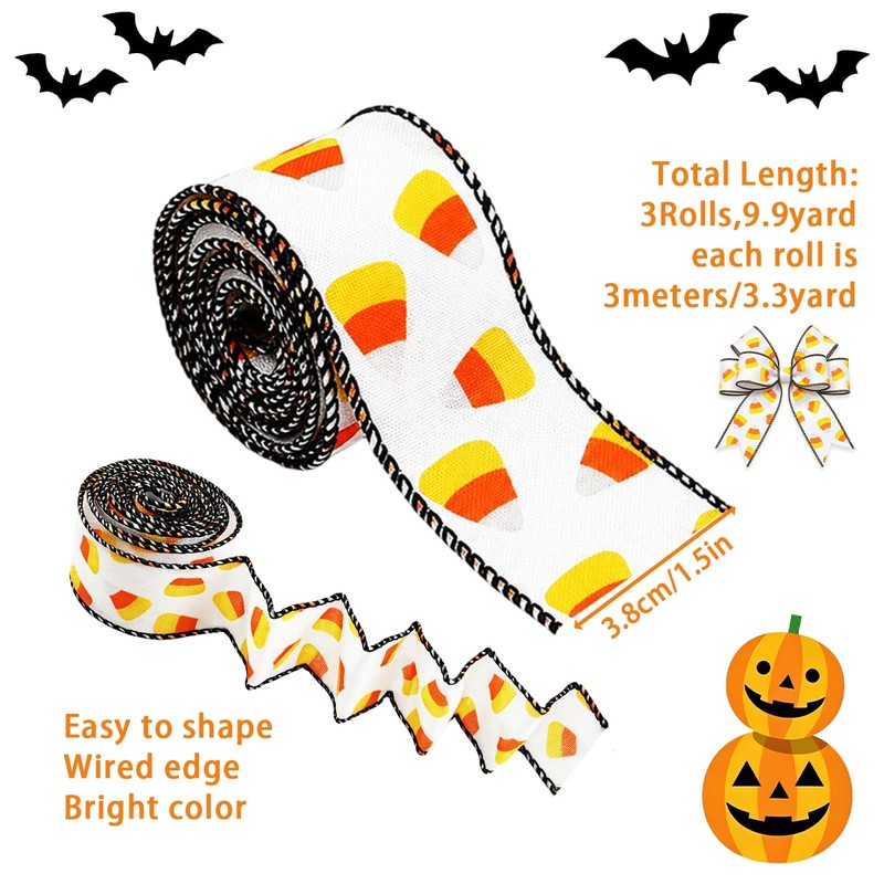 3 Rolls Halloween Wired Edge Ribbon Checkered Pumpkin Candy Corn