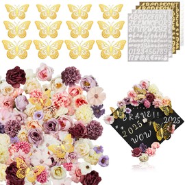 Hanaive 76 Pcs Handmade Graduation Cap Decoration Kit Includes 60 Pcs Assorted Flower Heads 12 Pcs 3D Butterflies(Cute Color)