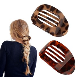 2PCS Flat Claw Clip, Curved Design Flat Claw Clips for Women Fine Hair, Medium Round Flat Hair Clips, Women Girl Neutral Colors Flat Hair Clip for Thin or Thick Hair(Leopard)