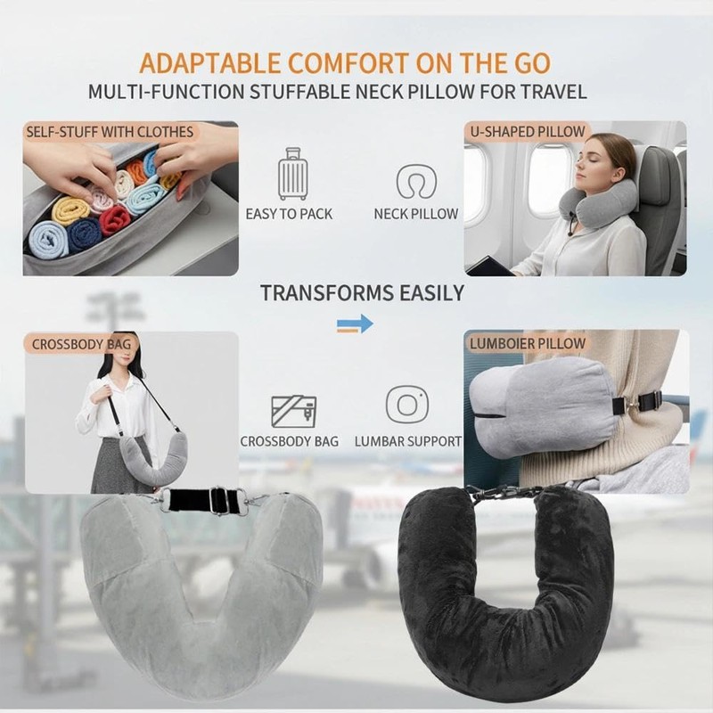 2 Pack Stuffable Travel Neck Pillow – Adjustable, Velvet Stuffable
