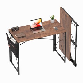 VECELO Folding Desk with Storage Bag 39 Inch Writing Desk Home Office Sturdy Steel Laptop Table for Home Office Work Retro Brown
