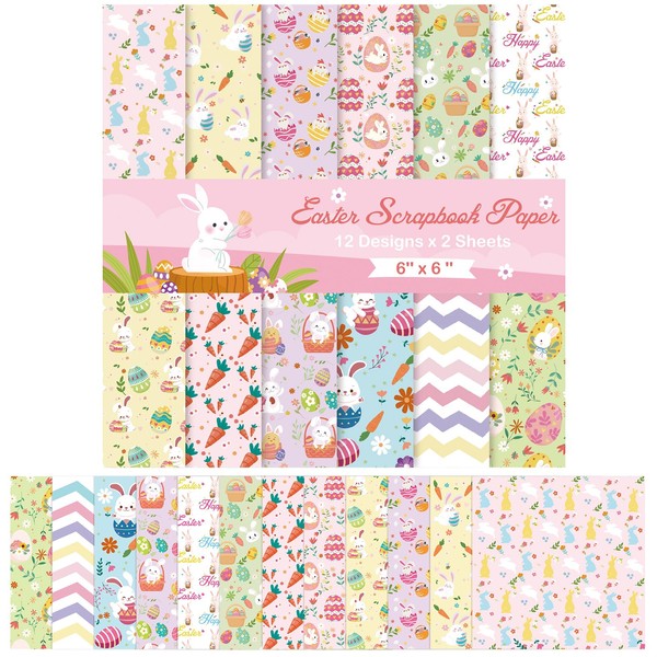 VIDELLY 24 Sheets Easter Scrapbook Paper, 6x6'' Bunny Rabbit Egg
