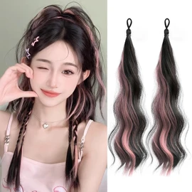 mefeny Hair Extensions, Kids Color Extensions, Ponytails, Pink, 2 Pieces, Mesh, Long Curls, Curly Hair, Heat Resistant, Elastic Included, Women's Braid, Bun, Dance