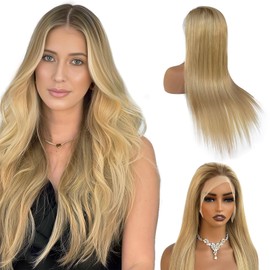 Light Blonde Human Hair Wig with Highlights 13x6 Lace Front Wigs Ombre Brown Roots Golden Blonda Balayage Human Hair Lace Front Wig 28 Inch 180% Density Glueless HD Lace Blonde Wigs for White Women