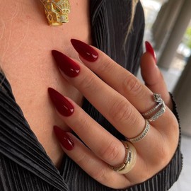 VOTACOS Long Press on Nails Almond Fall Burgundy Red Fake Nails with Solid Color Designs Acrylic Nails Glossy Glue on Nails for Women