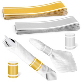 100 PCS (50 Gold + 50 Silver) Napkin Bands, Extended Size Self-Adhesive Paper Napkin Rings | Waterproof & Oilproof Silverware Wrap Bands for Table Settings – Wedding, Event, Party Supplies