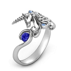 Anillo de plata de ley 925, diseño de unicornio, redondo, con circonita cúbica azul, talla perfecta, anillo de compromiso y eternidad, para mujer, TZ.40 (US Code 9)