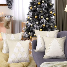 4pcs Winter Tree Pillow Covers 18x18 Inch Winter Decorative Throw Pillowcase Decoration White Crochet Winter Pillow Covers Boho Embroidered Tree Cushion Covers for Farmhouse Couch Sofa Room Decor