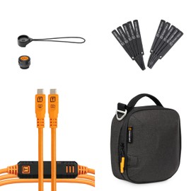 Tether Tools Starter Tethering Kit, Optima 10G USB-C - 15' (4.6m) Straight to Straight, High-Visibility-Orange, TetherGuard, TechManager Bag & Cable Ties
