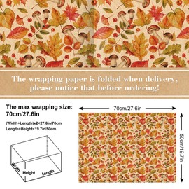 JarThenaAMCS 12 Sheets Fall Kraft Wrapping Paper - Not Roll - Maple Leaves Pumpkin Mushroom Gift Wrap Paper Folded Flat for DIY Craft Autumn Thanksgiving Harvest Party, 19.7 x 27.6 Inch