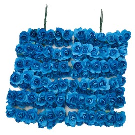 zorpia Mini Fake Rose Flower Heads 144pcs Mini Artificial Mulberry Paper Roses Flower with Wire Stem DIY Wedding Flowers Accessories Make Bridal Hair Clips Headbands Dress (Turquoise Blue)