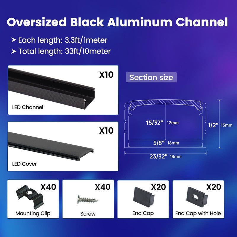Muzata 10Pack 3.3FT/1M Plus-Size LED Channel System for Waterproof LED