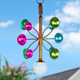 Exhart Art-in-Motion Colorful Hanging Metal Cup Spinner, Ready to Hang Garden Decor w/Glass Crackle Ball Detail, 9.5 by 13 Inches