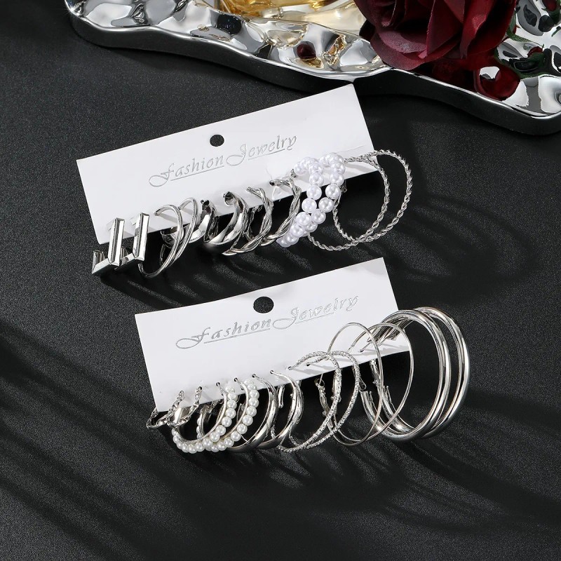 Set 12 Pares Aretes Geométricos Mujer Plateado
